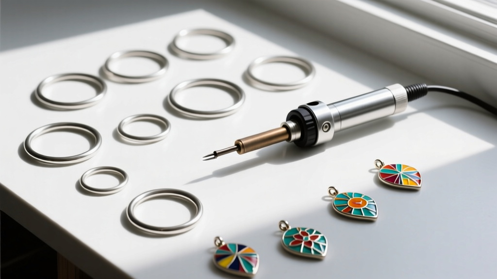 Overhead shot of a workbench displaying Argentium silver jump rings, a pulse arc micro-welder, and small enamel charm pendants.