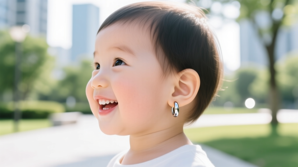 Side profile of a toddler smiling, wearing small ASTM F136 titanium huggie earrings, bright outdoor daylight, joyful mood.