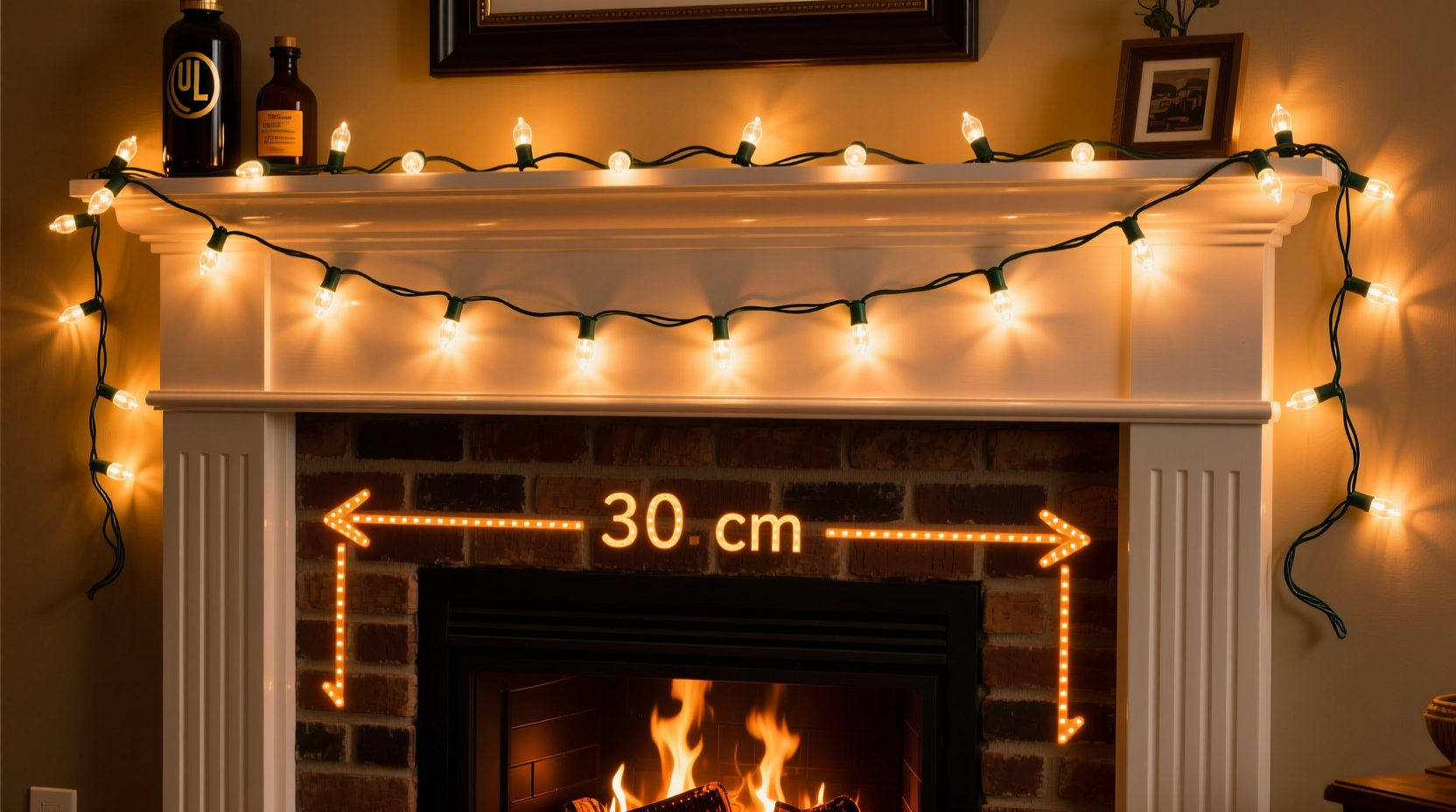 is it safe to hang string lights near a gas fireplace mantel during extended use
