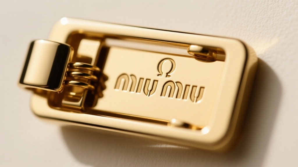 Close-up of a Miu Miu omega clip clasp showing the spring hinge and engraved logo on gold-plated brass backing.