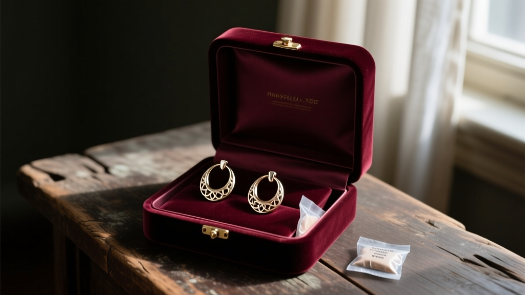 A neatly organized velvet jewelry box containing vermeil hoop earrings, stored with anti-tarnish silica gel packets in a dimly lit, moody room.