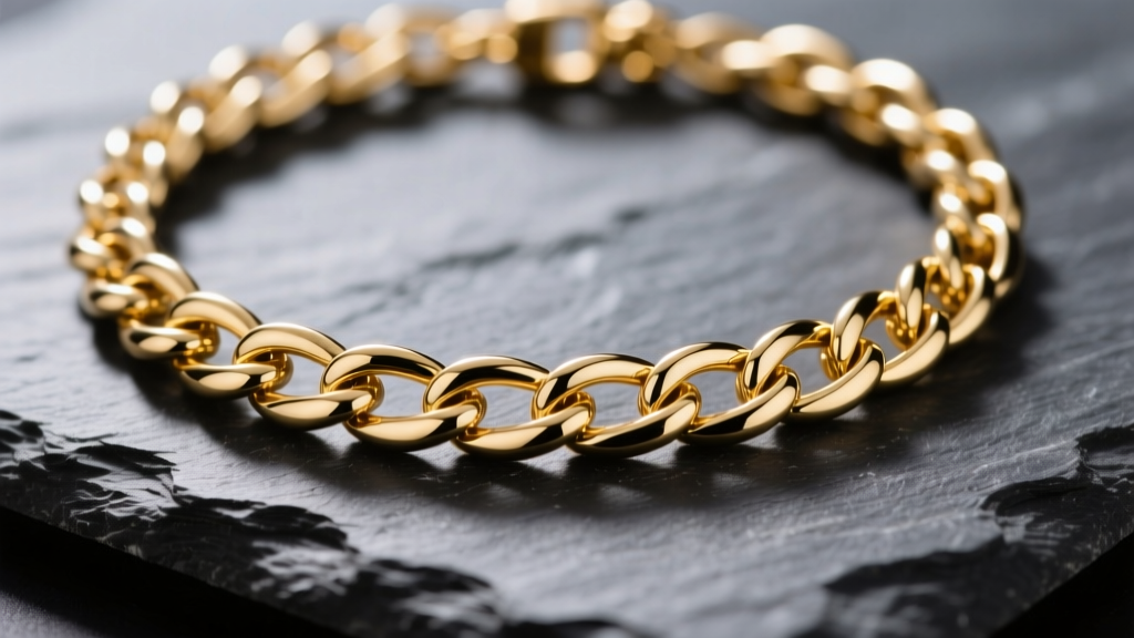 Macro shot of a 14k gold omega chain necklace on dark slate, showing interlocking mesh bands and a bright liquid metal reflection.