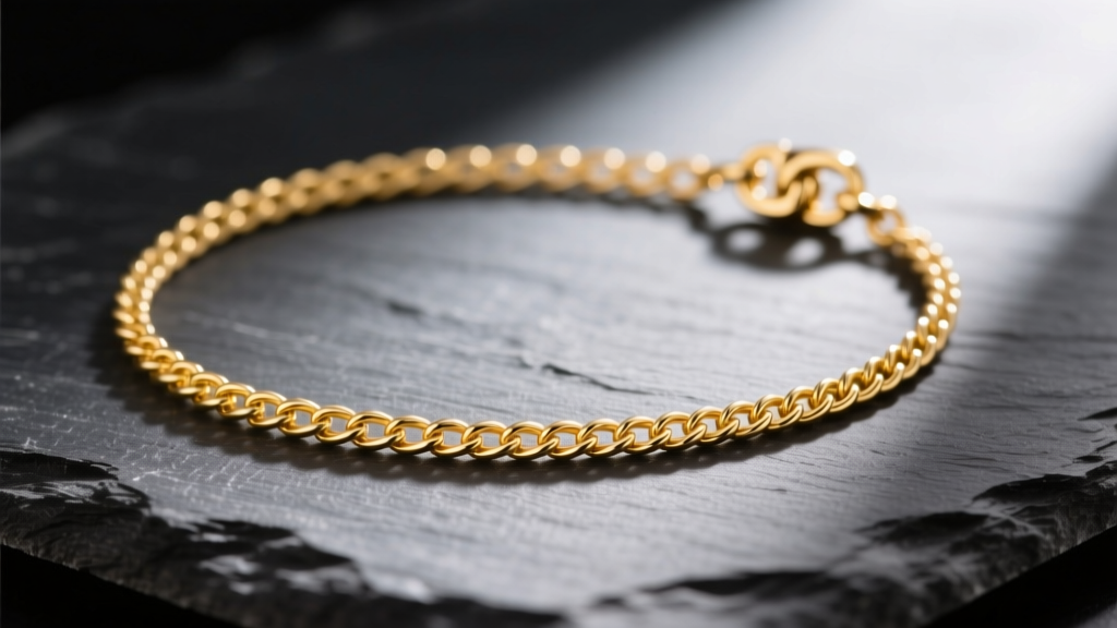 Delicate 14k yellow gold cable chain resting on dark slate, highlighting tiny 2mm links and a small lobster clasp in soft light.