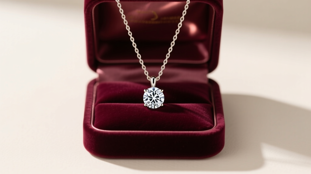 Open velvet jewelry box revealing a brilliant round diamond solitaire pendant necklace on a delicate 18k white gold cable chain