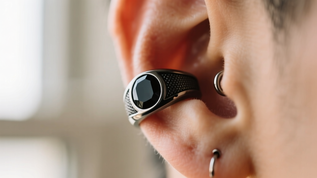 Close-up of a 16-gauge PVD black titanium clicker ring with black onyx, shown in a healed helix cartilage piercing