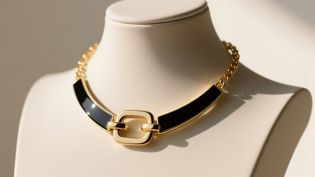 Gold and black enamel statement necklace draped on a mannequin, showcasing a secure 2mm box chain and an oversized toggle clasp