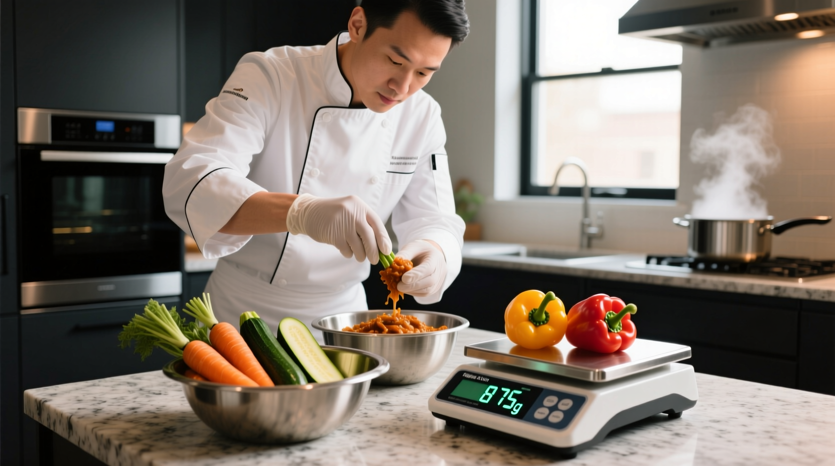 Chef measuring cooked yield of vegetables in kitchen scale