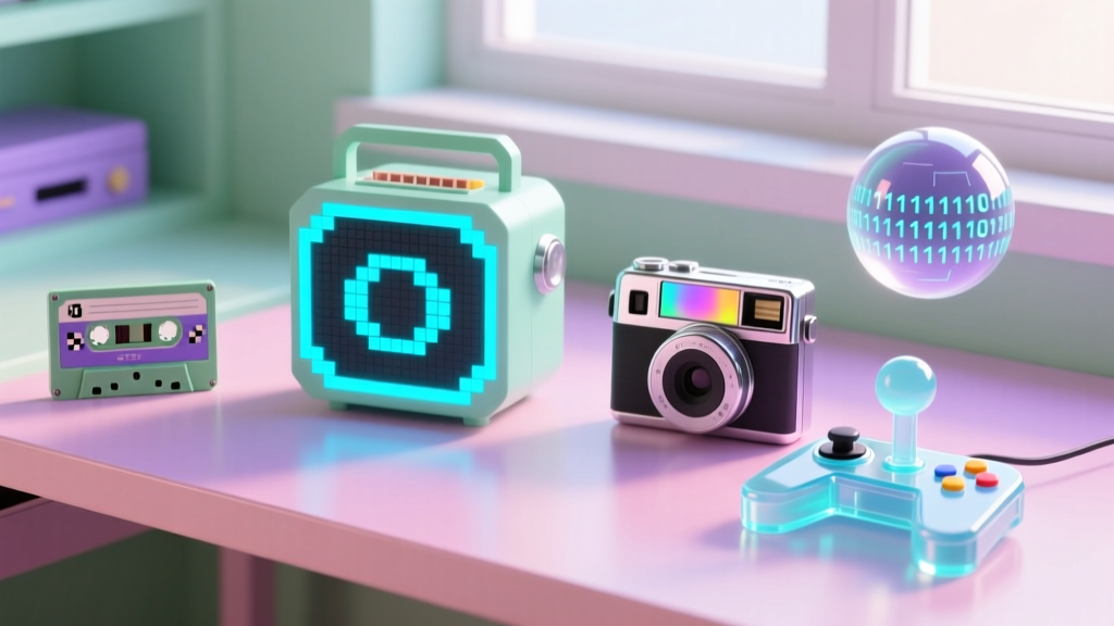 A vibrant flat-lay of retro-futuristic gadgets including a pixel-art speaker and instant camera on a pastel desk setup.