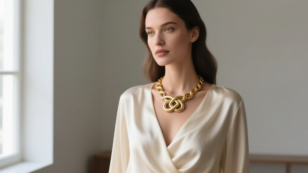 Woman in draped silk blouse wearing an 18k gold Herakles knot ancient Greek necklace under soft natural window lighting.