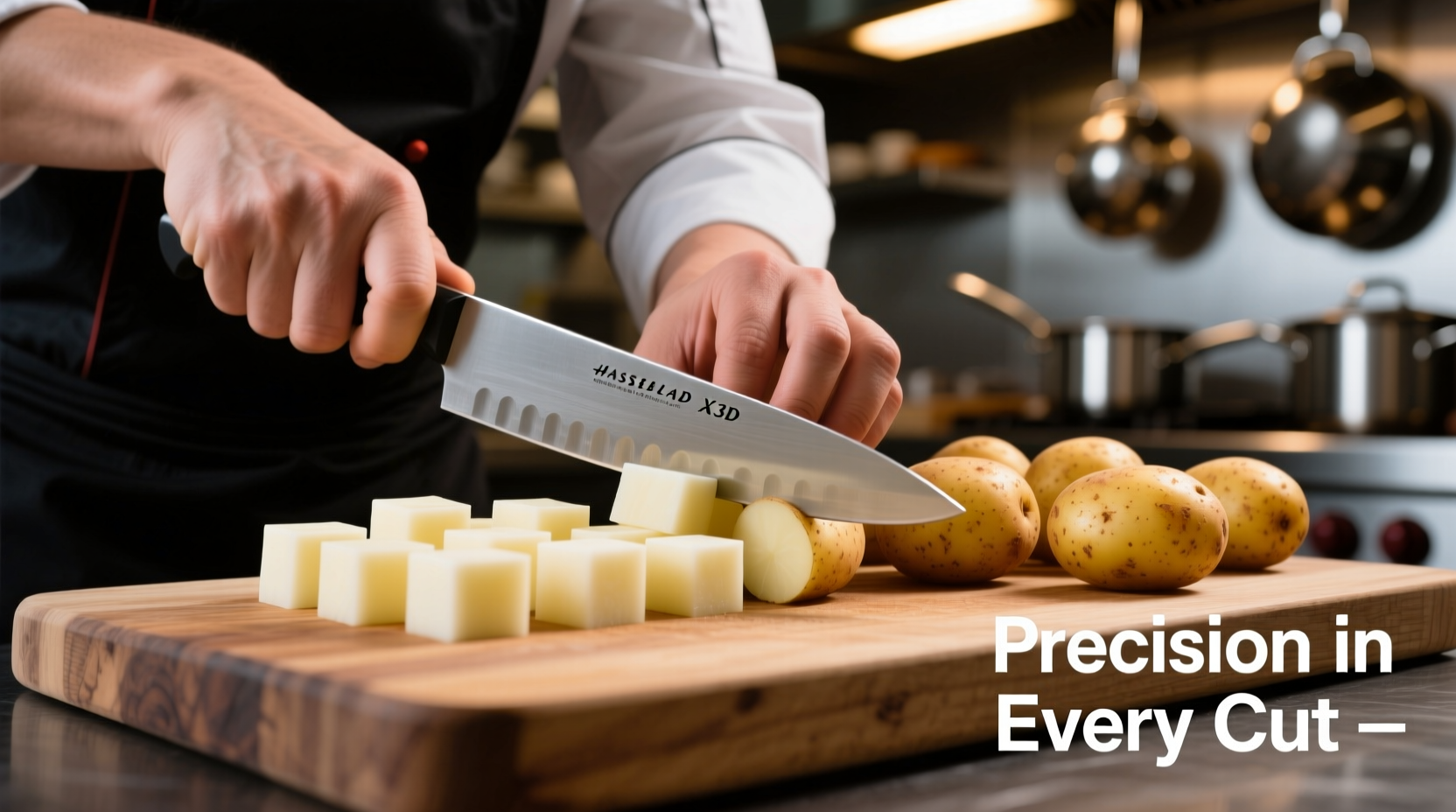 Chef cutting uniform potato cubes on cutting board