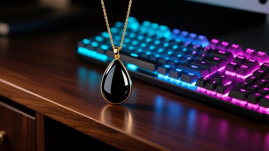 Black onyx teardrop pendant on a gold chain resting on a dark oak desk beside a glowing mechanical keyboard in dim moody lighting
