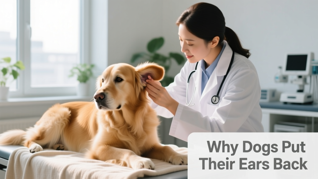 Veterinarian gently examining a dog's ear while the dog remains calm but attentive