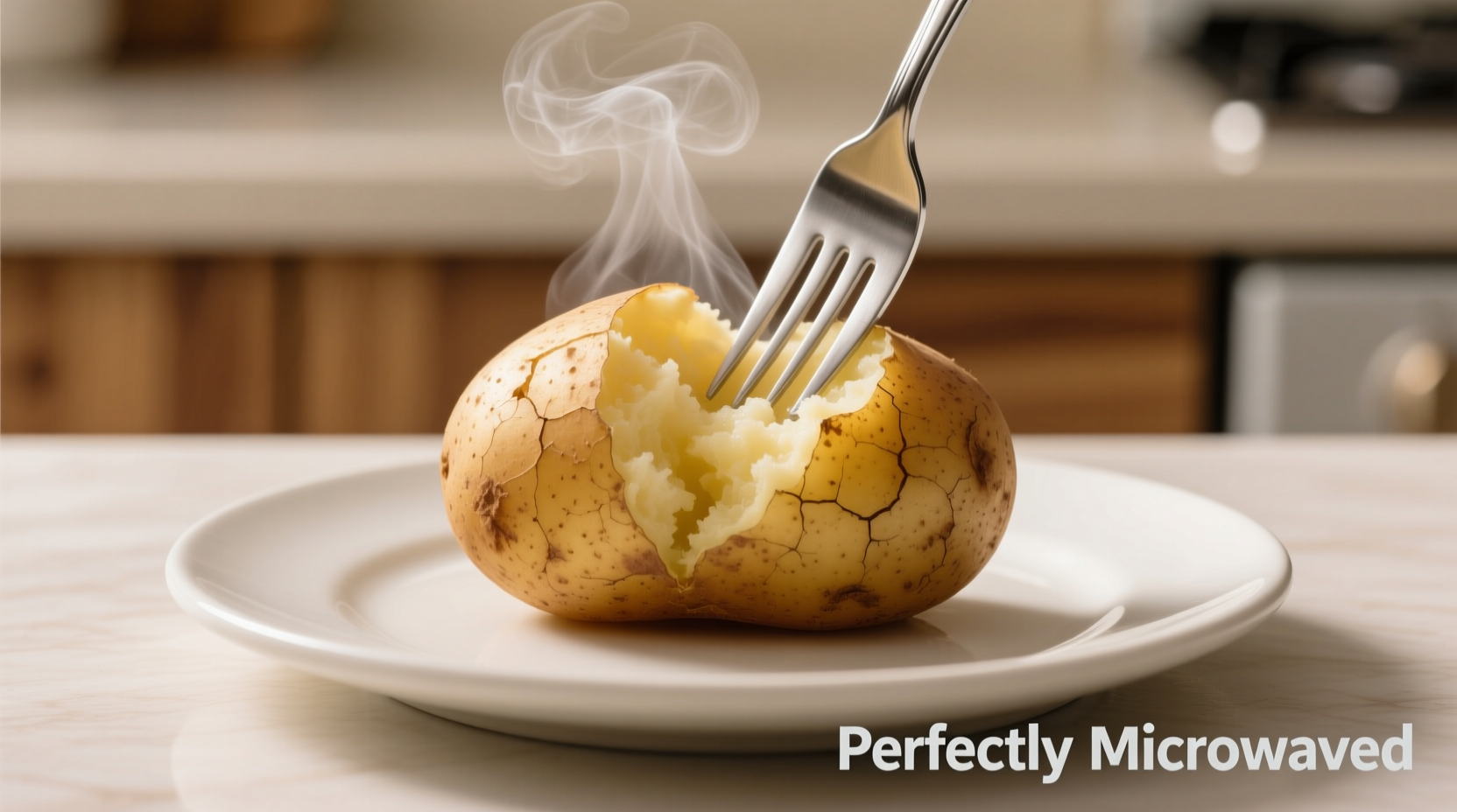 Perfectly microwaved potato with fork