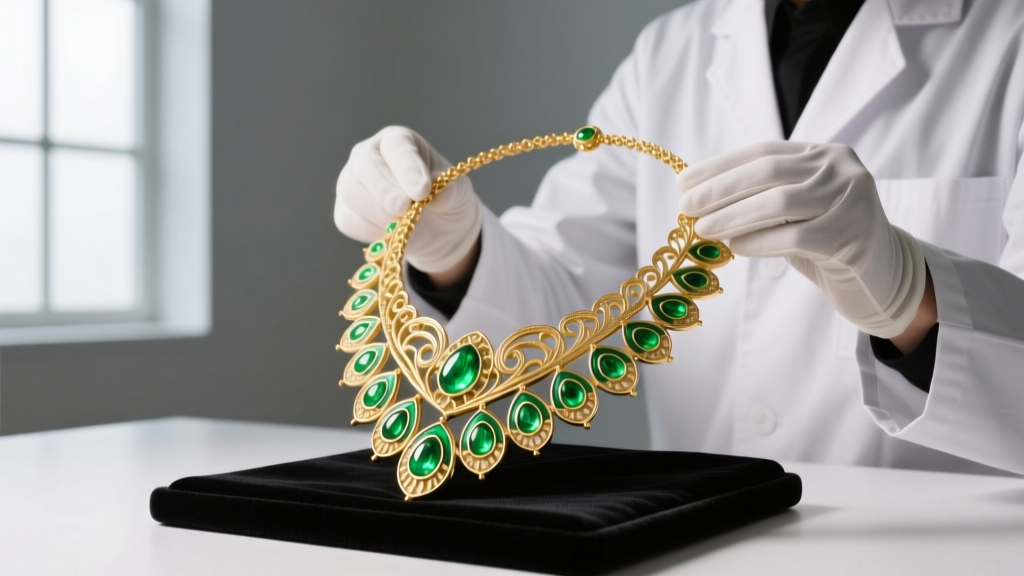 Jeweler inspecting a gold peacock necklace, focusing on champlevé enamel cells filled with bright green vitreous enamel powder.
