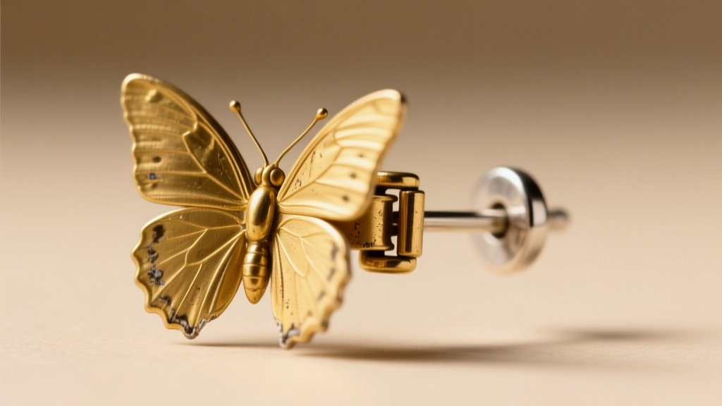 Macro photography of a gold butterfly pushback clasp slightly loosened on a 20-gauge earring post, highlighting worn metal tabs.