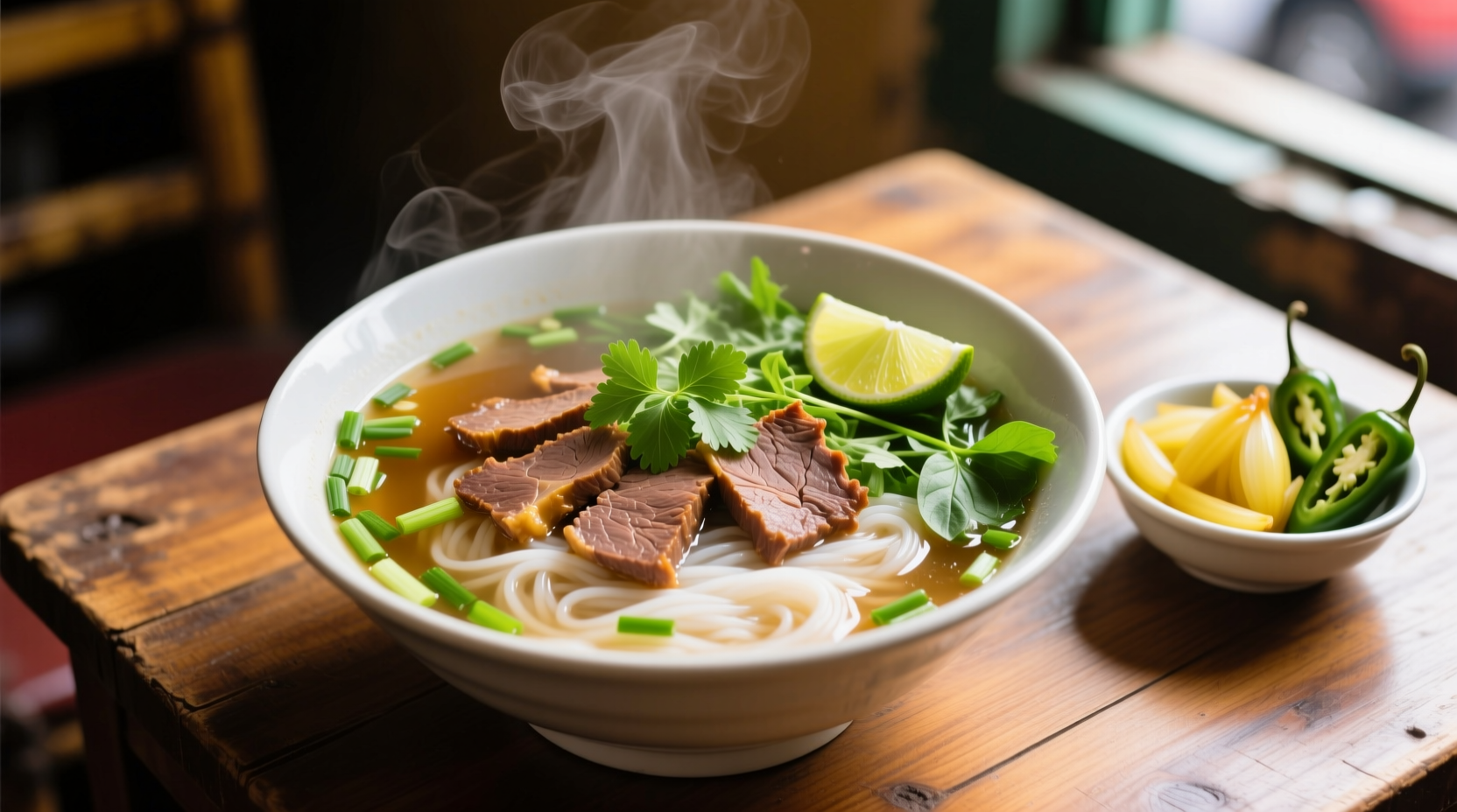 Traditional Vietnamese pho bowl with herbs and beef