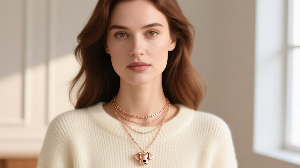 Woman wearing a layered necklace stack with a 14k rose gold dog nose pendant on a 1.2mm box chain over a cream knit sweater.