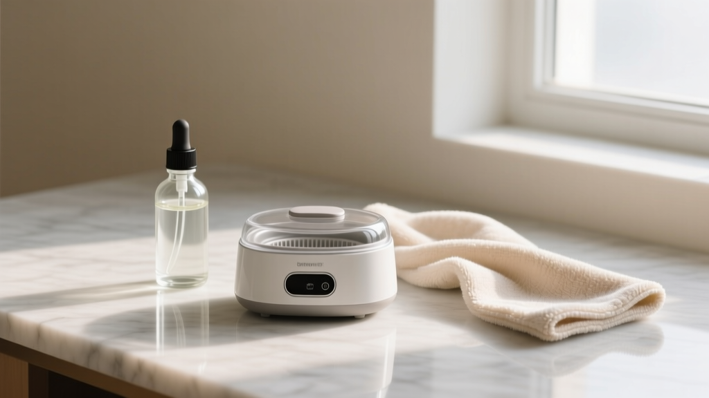 Flat lay of cleaning supplies including a compact ultrasonic machine, ammonia-free surfactant drops, and a soft microfiber cloth