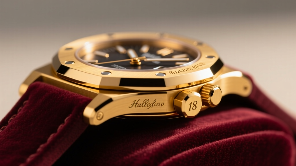 Macro shot of an 18k yellow gold watch case on velvet, highlighting the polished bezel and stamped hallmarks under warm lighting