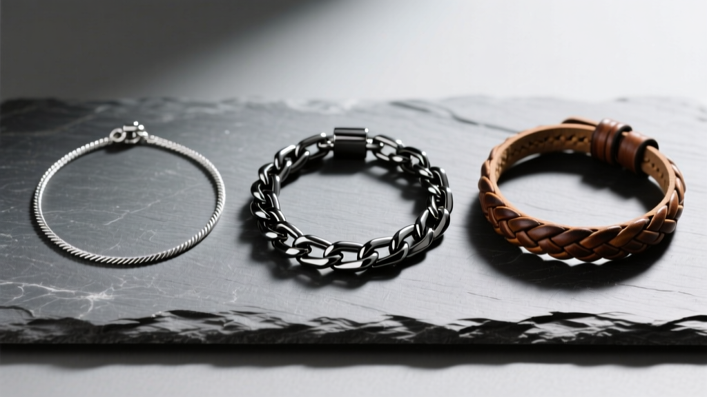 Flat lay of three mens necklace chokers on slate: a thin silver cable chain, a black titanium Cuban link, and a woven leather band