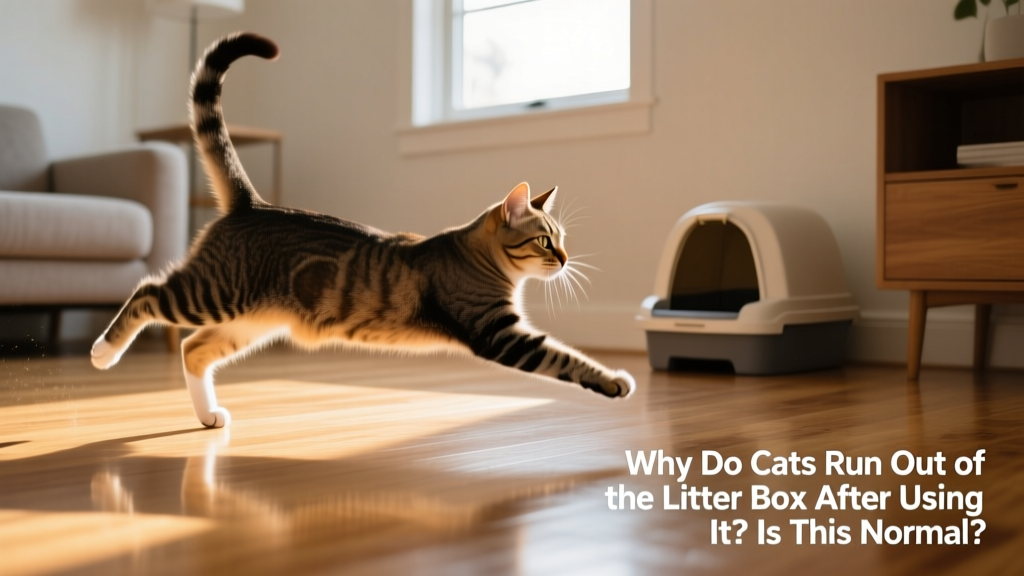 Cat mid-zoomie, tail high and paws off the ground, running across a hardwood floor