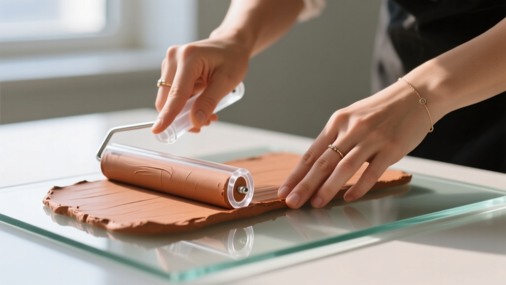 Close-up of hands using an acrylic roller to flatten terracotta polymer clay to a two-millimeter thickness on a glass tile