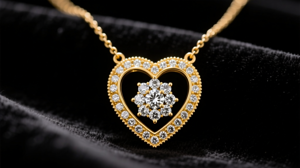 Victorian rose-cut diamond vintage heart necklace in 14k yellow gold resting on dark velvet under soft, dramatic studio lighting.