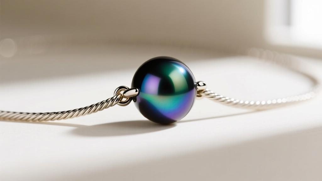 Macro shot of a Tahitian black pearl Y necklace slider clasp, highlighting peacock overtones and a 14k white gold cable chain