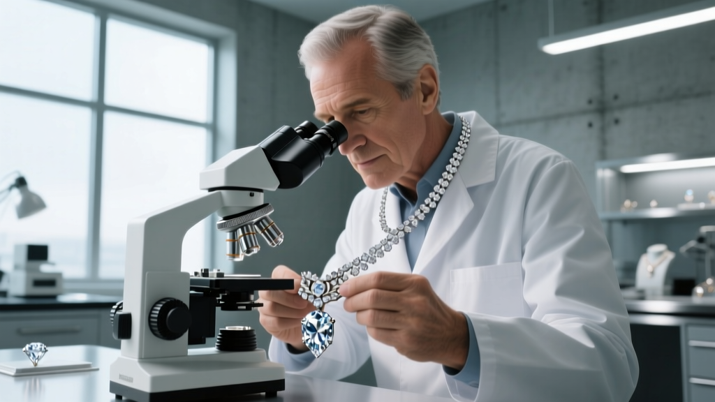 Professional gemologist inspecting a complex diamond necklace clasp under a stereo microscope in a modern jewelry laboratory.