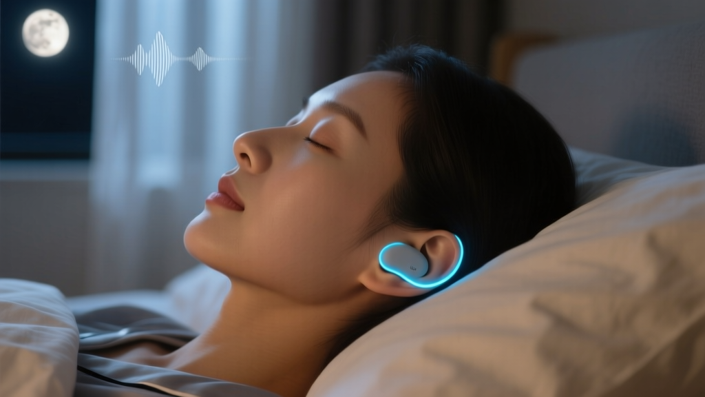 Close-up of a side sleeper wearing ultra-compact silicone sleep earbuds, demonstrating flush-fit acoustic masking technology in a dimly lit bedroom.