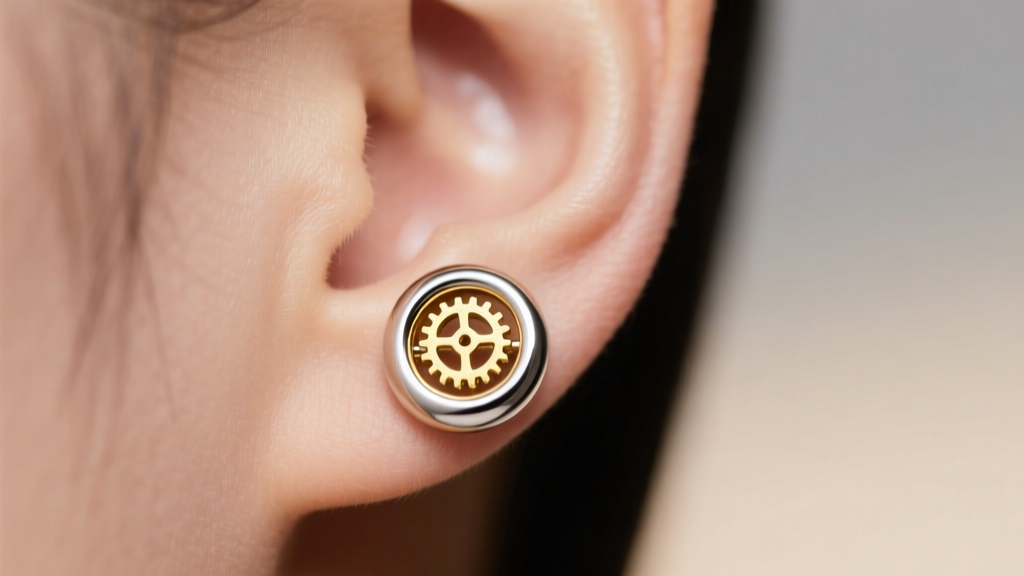 Close-up of an earlobe wearing an asymmetrical mixed-metal DIY stud earring with a tiny gold gear and a silver bezel cup setting