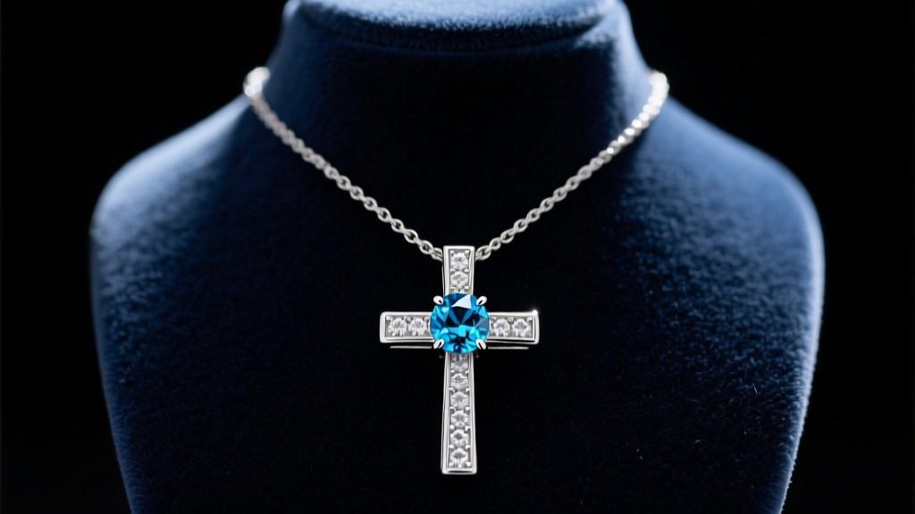 Close-up of a sterling silver London blue topaz cross necklace resting on a dark velvet jewelry display bust in moody lighting.