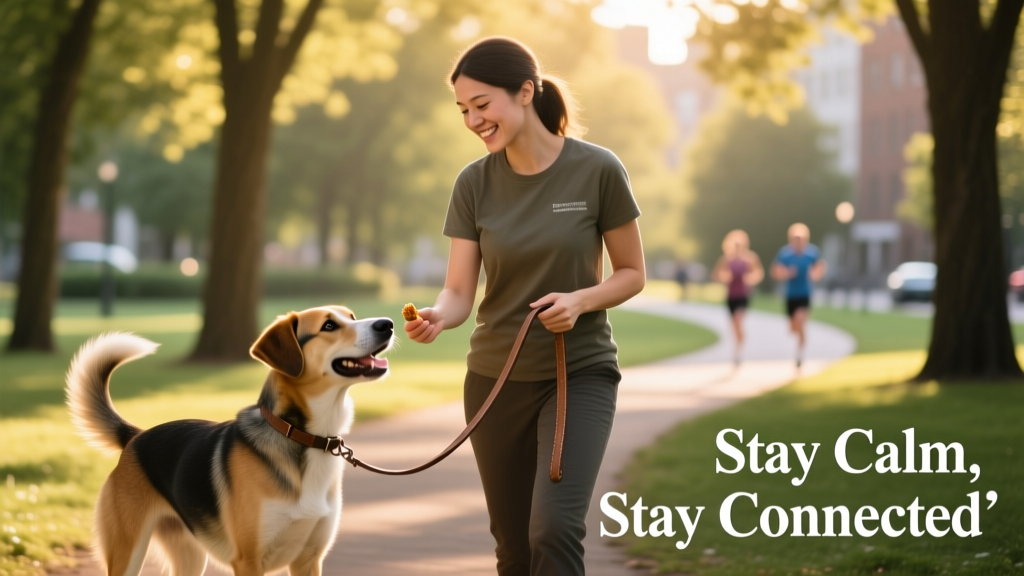 A trainer gently guiding a dog with a leash and treat, both smiling, in a sunlit park setting