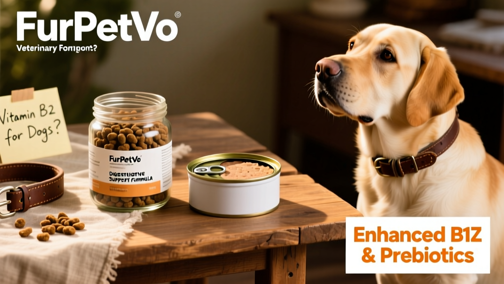 Side-by-side comparison of FurPetVo Veterinary Digestive Support Formula dry kibble and canned loaf, with label highlighting 'Enhanced B12 & Prebiotics'
