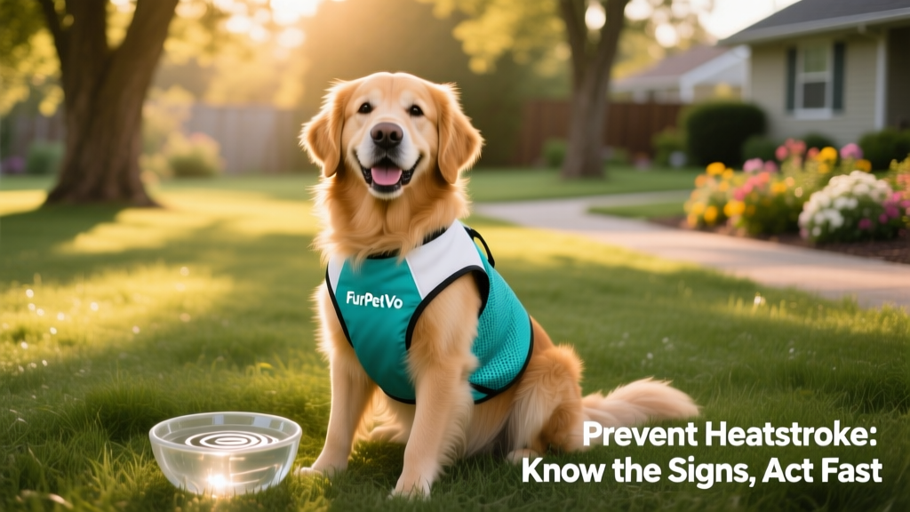 Happy dog wearing a FurPetVo cooling vest, sitting comfortably in shaded grass with water bowl nearby