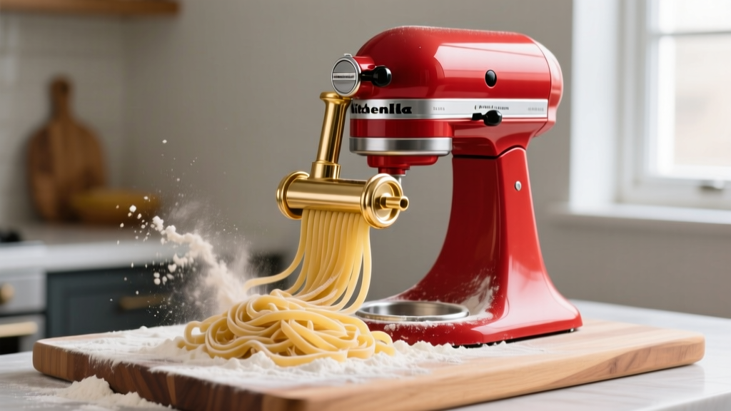 KitchenAid stand mixer fitted with brass pasta extruder attachment producing fresh rigatoni on a floured wooden butcher block counter