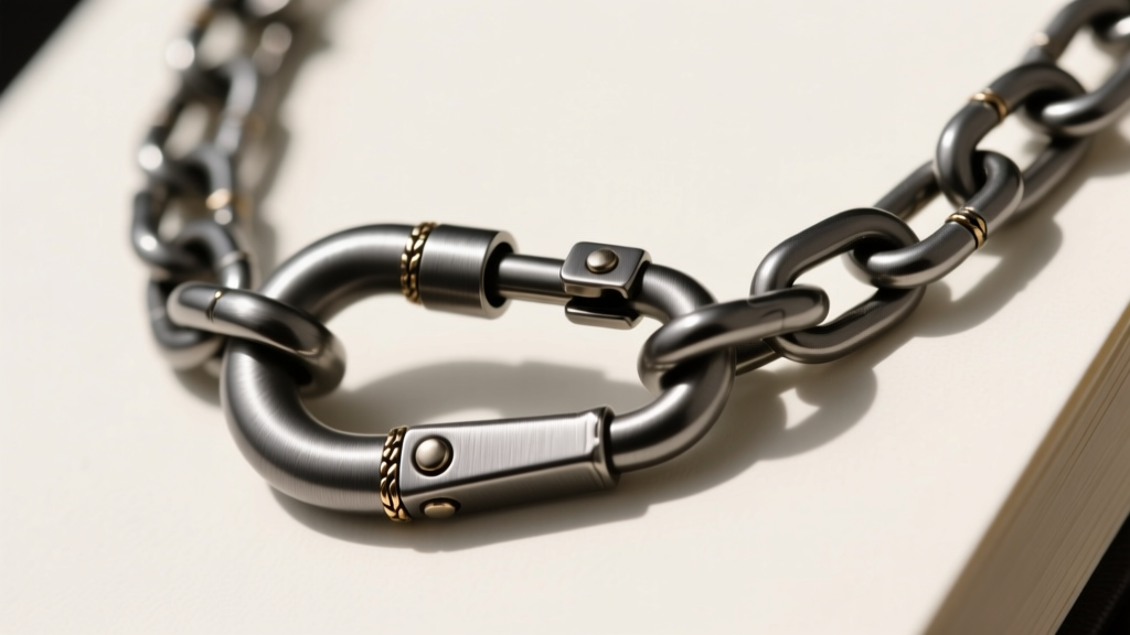 Close-up of a heavy-duty lobster clasp on a thick 3mm book chain necklace, showing a reinforced soldered jump ring connection.