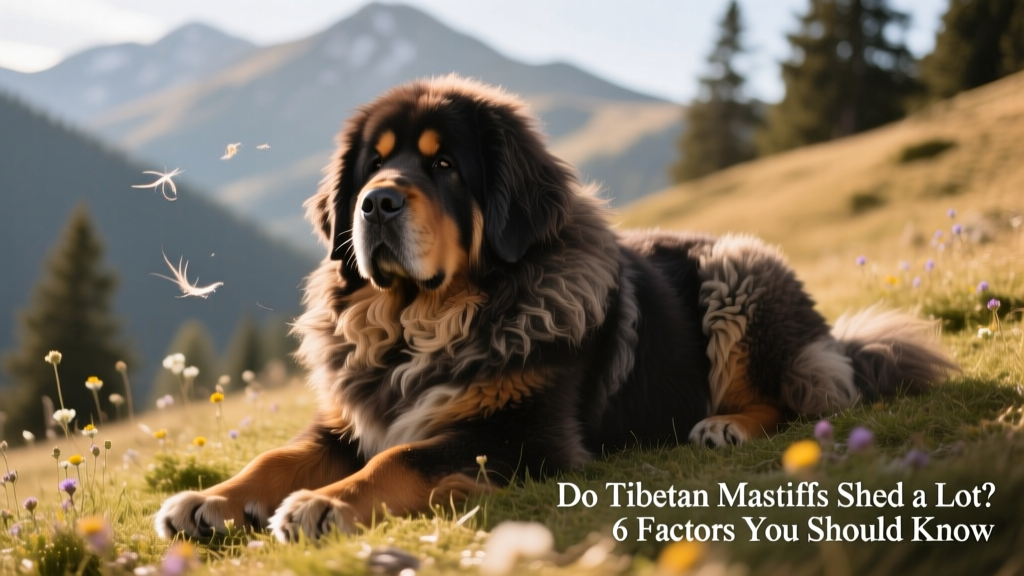 Tibetan Mastiff resting outdoors with thick double coat visible in soft sunlight