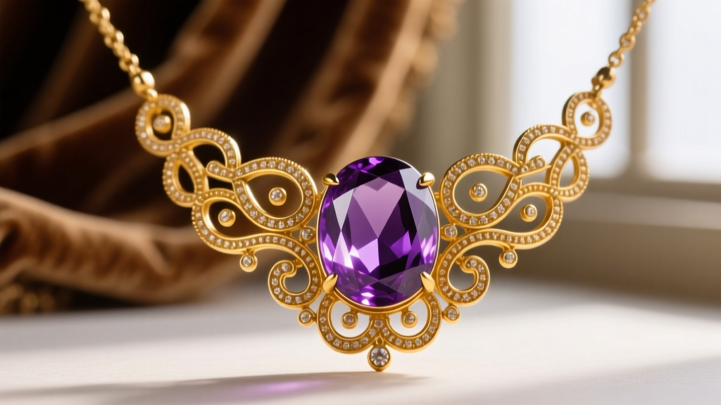 Victorian antique amethyst necklace close-up showing a foil-backed oval purple gem set in 15k yellow gold cannetille.