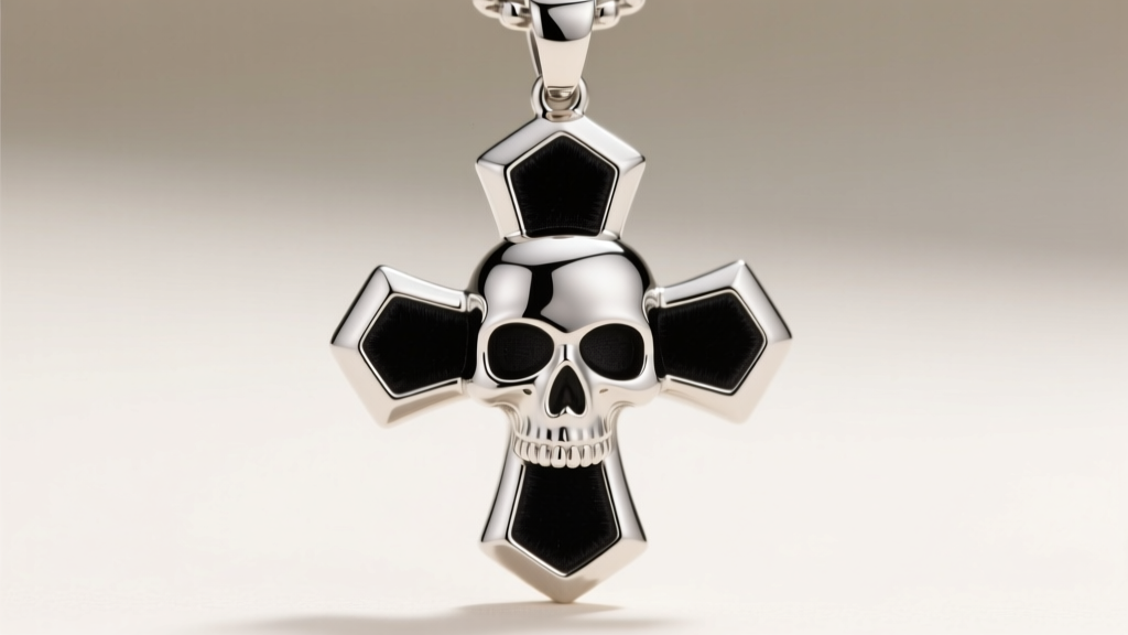 Macro shot of a 316L stainless steel skull cross pendant showing high-polish bevels and matte black enamel eye accents