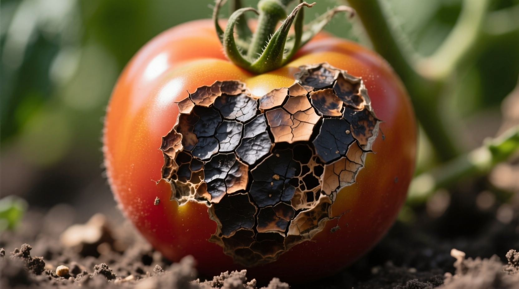 Close-up of tomato with blossom end rot showing dark lesions
