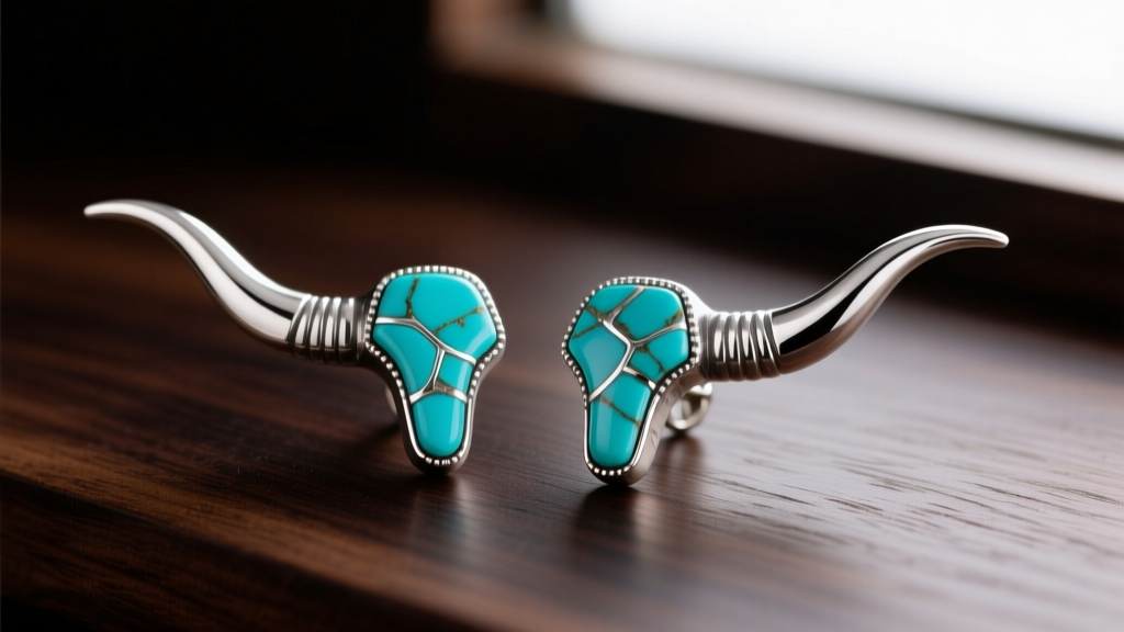 Sterling silver longhorn earrings with turquoise inlays on dark wood, soft lighting highlighting detailed metal horns.