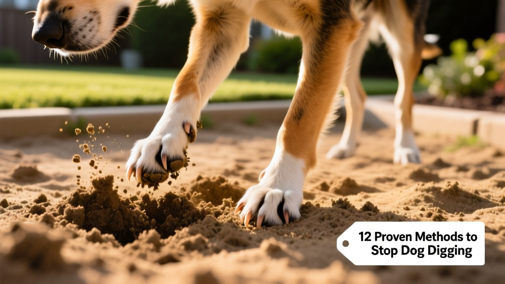Close-up of a dog’s paws digging into soft, sandy soil in a designated backyard area