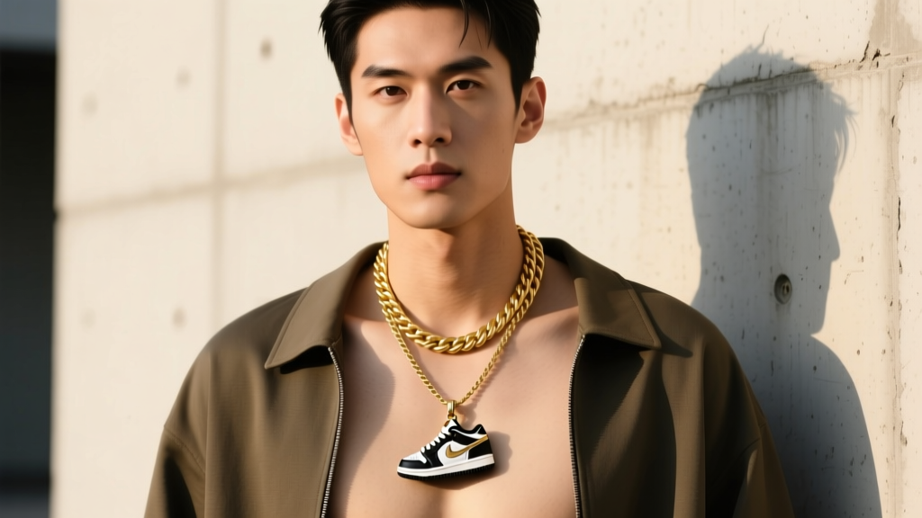 Male model wearing a layered streetwear necklace setup, featuring a 4mm gold rope chain and a smaller 25mm sneaker pendant drop.