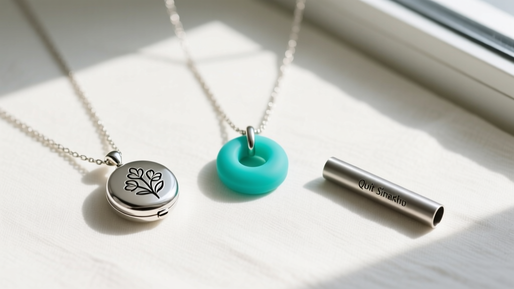 Overhead flat lay of three quit smoking necklaces on linen: a silver diffuser locket, a teal silicone pendant, and a steel tube