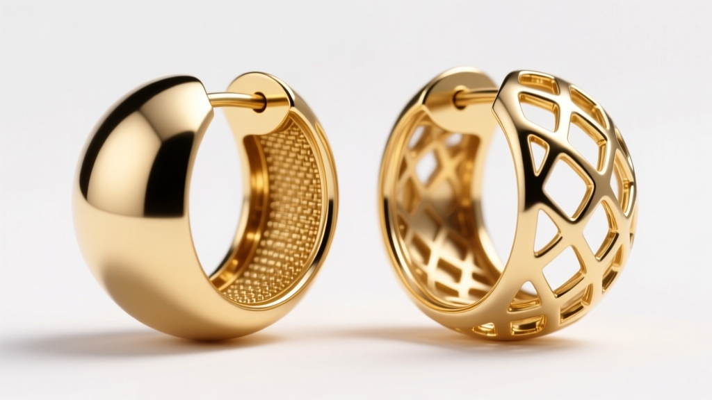 Side-by-side cross-section diagram comparing a solid 14k gold sphere earring with a hollow electroformed 18k gold sphere earring