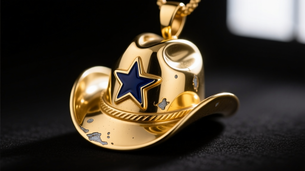 Macro shot of a gold-plated brass Cowboys helmet pendant showing slight enamel chipping on the navy star, highlighting budget wear.