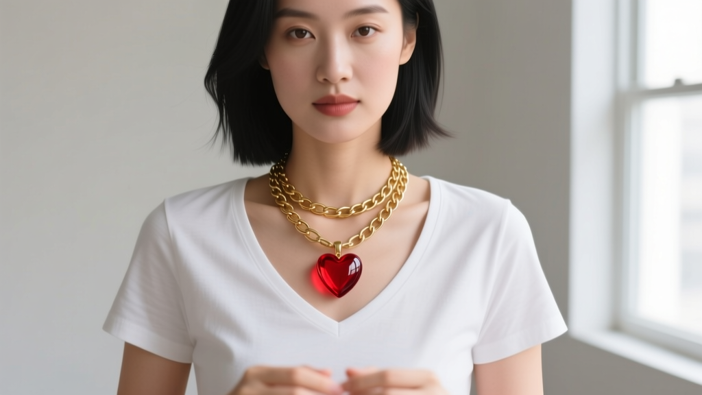 Woman layering a 16-inch gold chain and an 18-inch red glass heart pendant necklace over a simple white V-neck cotton t-shirt.