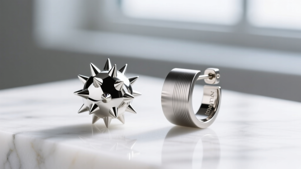 Polished 316L steel spiky ball earring next to a brushed ASTM F-136 titanium alternative on a clean white marble surface.