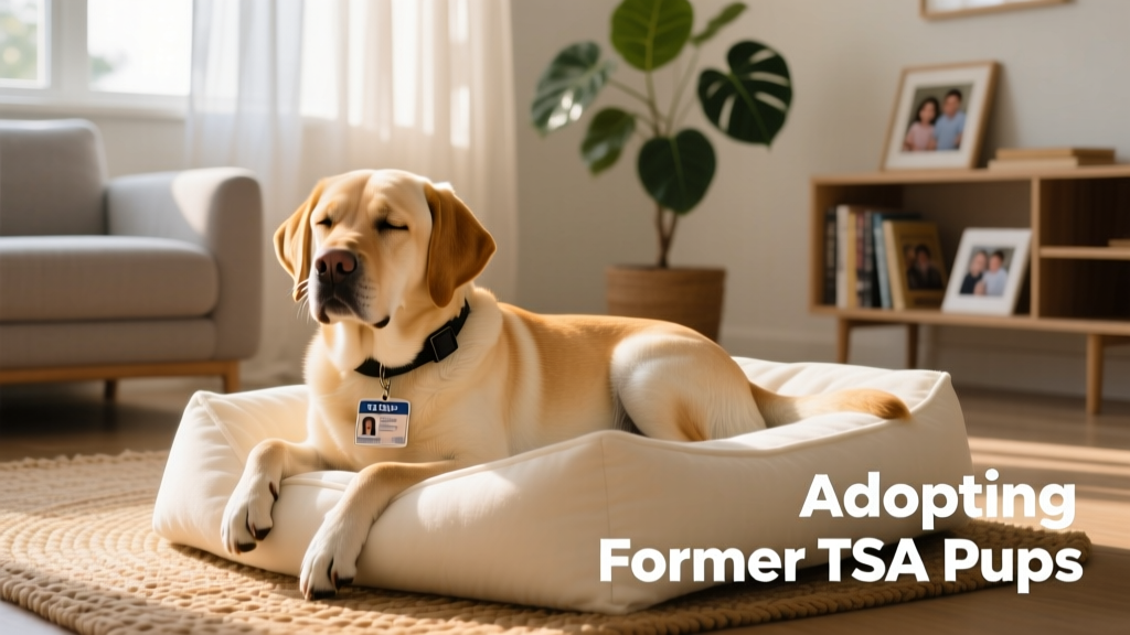 A relaxed Labrador Retriever resting on a soft dog bed in a sunlit living room, showing calm transition to home life